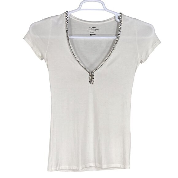 Majestic Paris Swarovski Crystals Women XS White Coquette T Shirt Clean Girl Top - Picture 8 of 15